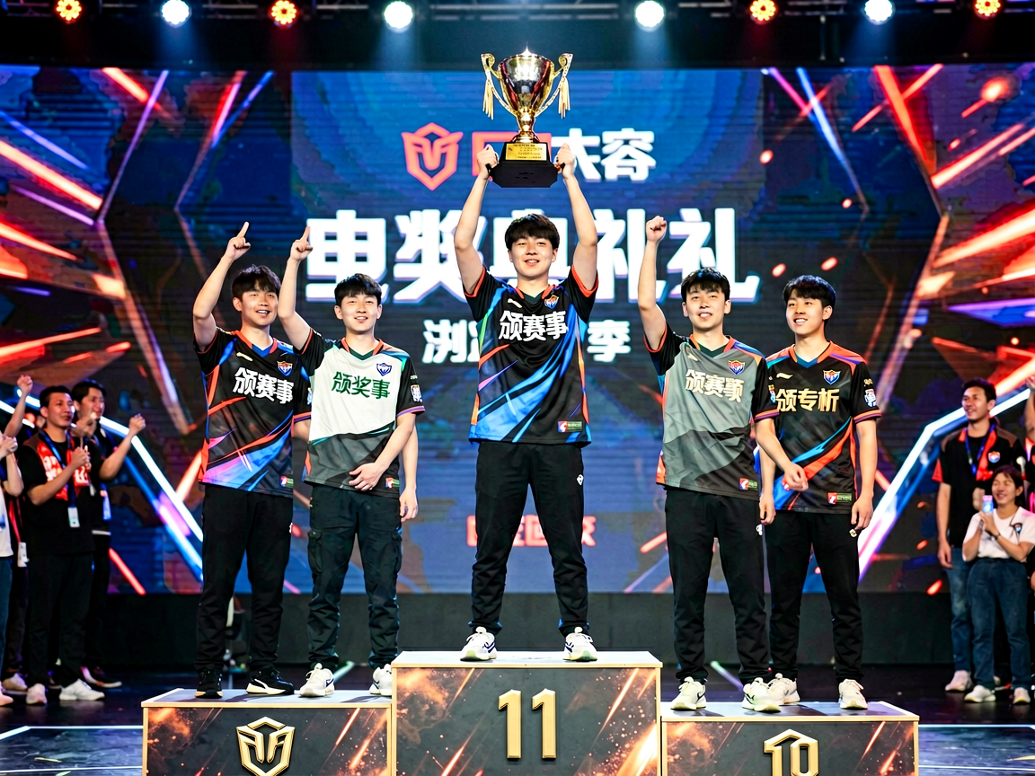 电竞赛事颁奖典礼现场，选手站在领奖台上举起奖杯