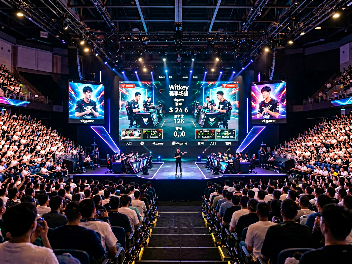 威客电竞电竞赛事现场全景，舞台中央大屏幕显示比赛画面，观众席座无虚席